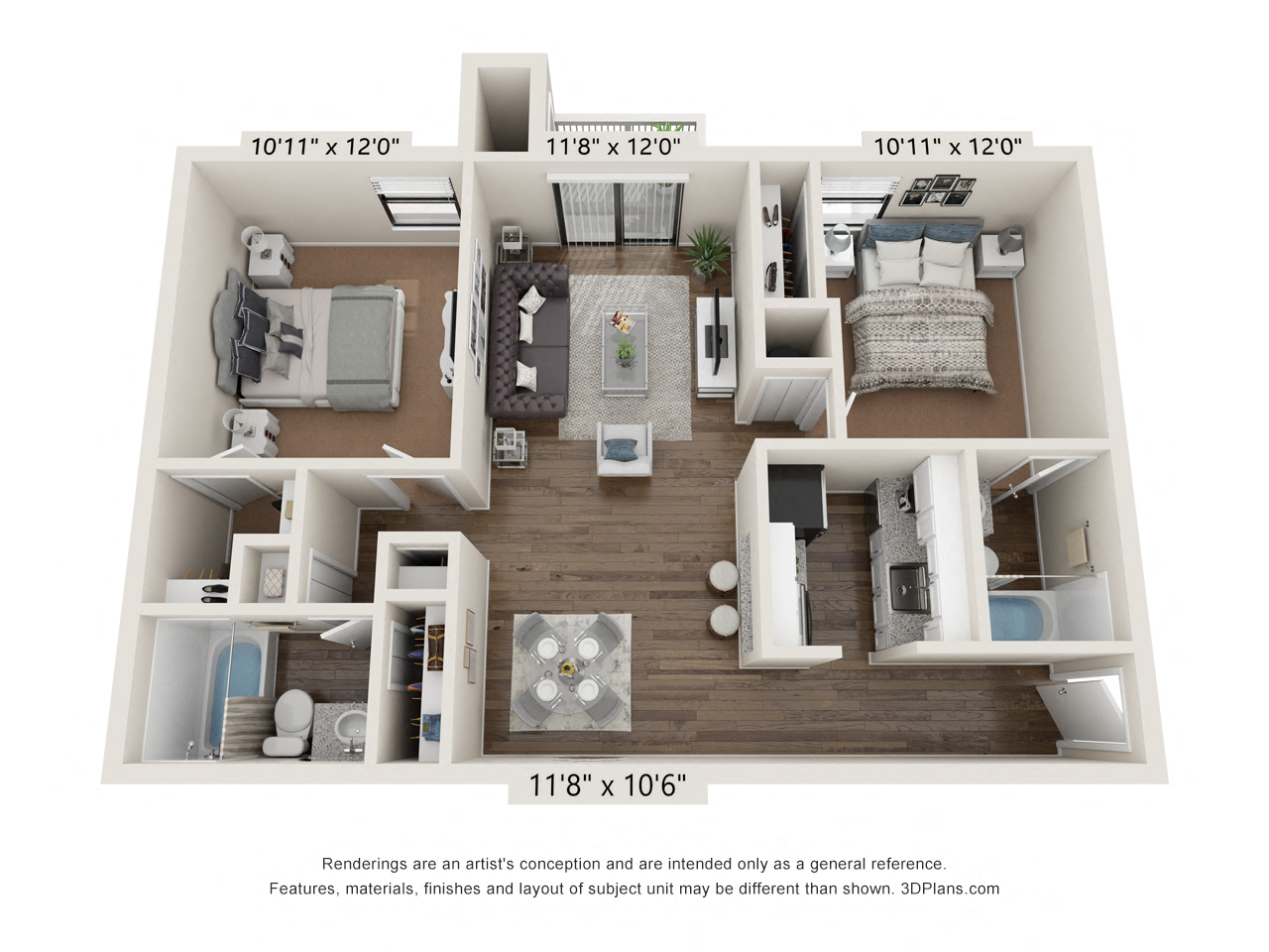 Floor plan for 2 beds, 2 baths, 855 sqft
